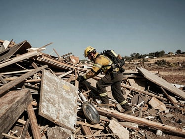 A rescue worker in high-contrast natural daylight navigating debris, environmental wide shot, documentary film style, deep muted earth tones.