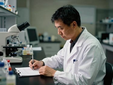 A documentary film photograph of a researcher in a clean laboratory environment, focused on clinical data, natural high-contrast daylight, deep muted earth tones, 35mm lens, authentic editorial style.