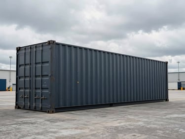 Side-angle view of a clean forty foot dark steel shipping container on a concrete terminal, overcast sky, industrial setting