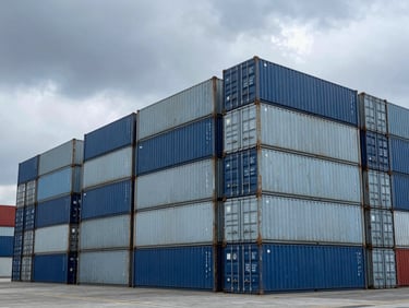 Wide-angle shot of massive shipping container stacks at a deep-water port under dramatic overcast daylight, cold metallic blue and steel tones