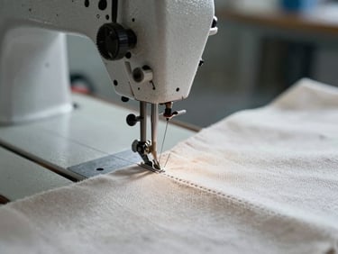 Industrial sewing machine in rapid motion, needle blurring, stitching a clean seam on heavy canvas fabric, cool-toned industrial daylight.