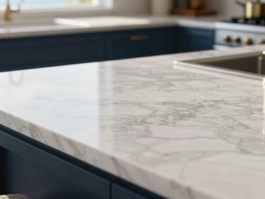Close-up of a gleaming polished marble countertop in a sunlit kitchen, a subtle reflection, pristine, natural light, 35mm.