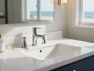 Clean, modern bathroom vanity with a white sink and polished chrome faucet, soft natural light, 35mm.