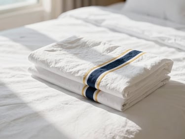 Crisp white linens neatly folded on a bed in a bright, coastal-styled bedroom, soft shadows, natural light, 35mm.