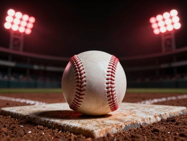 Close-up of a dirty baseball with red seams resting on home plate, dramatic stadium lights in the background, low-key lighting