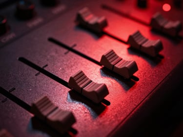 Dramatic close-up of illuminated soundboard sliders, red neon backlighting, metallic reflections, high contrast