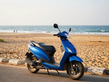 A clean blue suzuki access scooter parked on a quiet street near CT Road in Puri, bright daylight