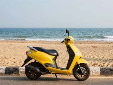 A vibrant yellow honda dio scooter parked near Puri beach road, high-contrast daylight