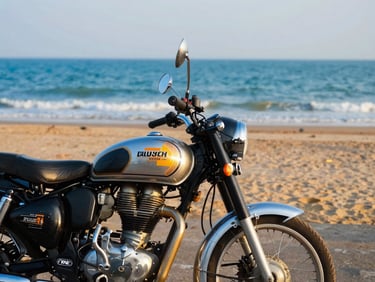 Close-up of a royal enfield classic motorcycle parked near Puri beach, warm golden hour light reflecting off the chrome
