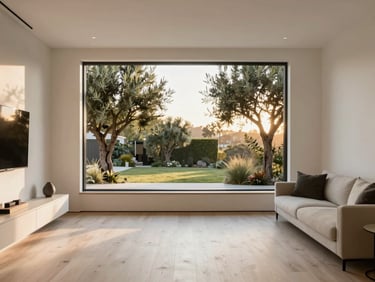 Symmetrical interior shot of a modern ADU living room, featuring white oak flooring, minimalist furniture, and a large window framing native California olive trees.