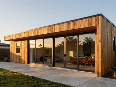 Wide architectural shot of a modern flat-roof detached ADU with warm cedar siding and floor-to-ceiling glass doors opening to a concrete patio, golden-hour California light