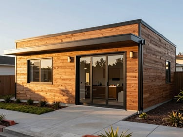Modern detached ADU exterior with warm wood siding and black metal trim, clean hardscaping, afternoon sun.