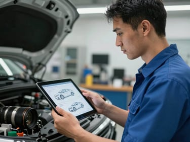 A professional vehicle appraiser in a technical workshop, holding a digital tablet displaying vehicle schematics, focused lighting, clean environment