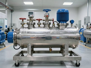 Straight-on medium shot of a heavy-duty stainless steel RO plant skid, high-pressure pumps, multi-port control valves, bright clean factory lighting