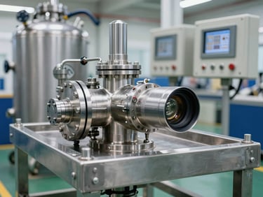 Sharp industrial photography of a heavy-duty stainless steel RO skid, bright clean factory lighting, metallic pressure vessels and digital PLC control panels, high-detail macro lens.