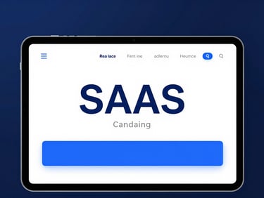 SaaS landing page mockup on a clean tablet device, sharp typography, electric blue accent graphics, professional framing