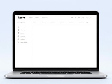Clean headless e-commerce interface mockup on a laptop screen, minimal product cards, cool white studio lighting