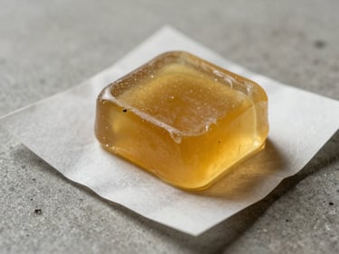 Close-up of golden cannabis rosin wax on parchment paper over a concrete surface, dramatic side lighting