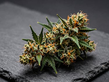 Macro high-definition shot of dense, trichome-rich green cannabis flower with orange hairs resting on a raw slate tray, dramatic directional lighting