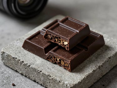 Dark chocolate squares infused with cannabis on a raw concrete slab, sharp directional light, moody shadows
