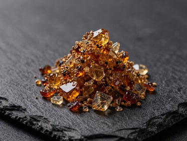 Amber colored shatter concentrate glass on a dark slate background, high contrast lighting