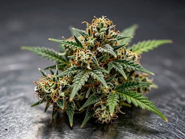 Macro shot of bright green cannabis flower with silver trichomes on a dark steel plate, high contrast