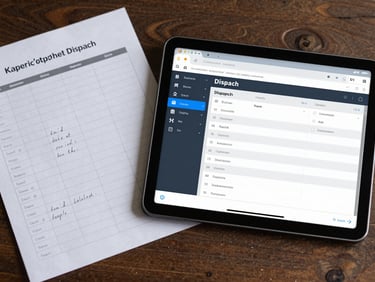 A split-screen layout showing manual handwritten scheduling sheets on the left, and a bright high-fidelity UI screenshot of an automated dispatch board on a tablet on the right.
