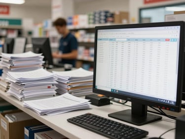 A split-screen layout showing a busy retail counter with cluttered paperwork on the left, next to a clean digital inventory dashboard displaying live stock sync on a desktop screen on the right.