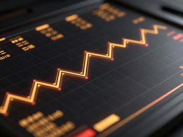 Sleek 3D render of a dark digital dashboard displaying glowing gold and red data visualization lines on a black grid, shallow depth of field, metallic reflections.