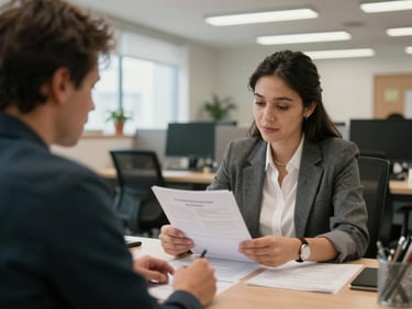 A social worker at a desk in a shared office space within a residential building, reviewing paperwork with a resident across the table, overhead fluorescent and natural light, candid medium shot