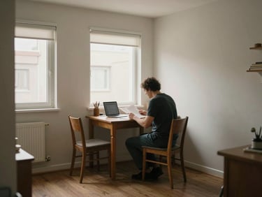 Interior of a modest furnished apartment, a resident seated at a small table reading, natural window light, tidy and functional space, warm muted tones, medium shot showing everyday life