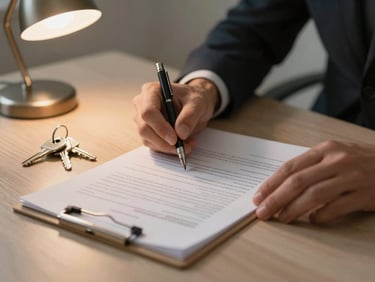 Close-up of a property manager's hands reviewing a lease document on a desk, a set of apartment keys resting nearby, warm desk lamp light, muted earth tones, no faces