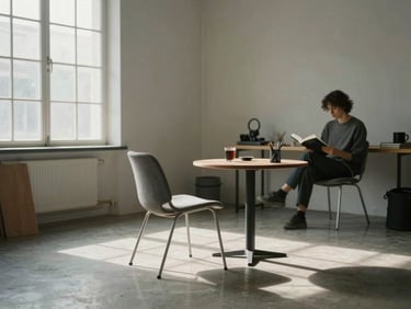 Wide shot of a modest furnished studio interior, natural light from a window, a single chair and small table, resident reading quietly in the background