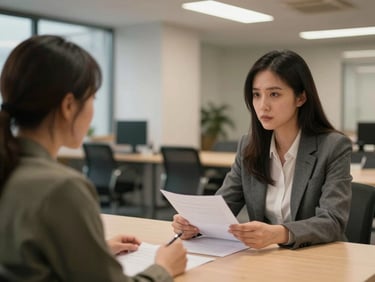 Close medium shot of a social worker and resident at a shared table in an office common area, papers between them, overhead light, neutral interior tones
