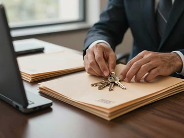 Medium shot of hands sorting keys on a building management desk, property folders open beside them, daylight from a window, muted earth tones