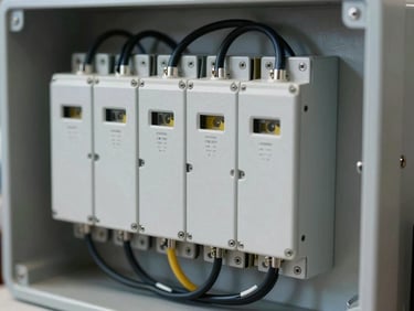 Primer plano de un cuadro de protección eléctrica secundario para vehículo eléctrico, cableado interno peinado con bridas metálicas en ángulos rectos perfectos, orden industrial absoluto.