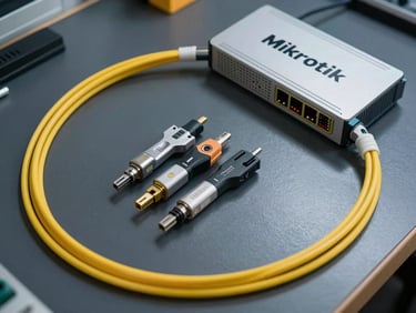 Overhead layout of fiber optic splicing tools, yellow fiber cables, and a Mikrotik router on a clean dark industrial workbench.