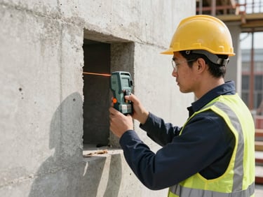 A professional technician in safety gear using a digital laser distance meter against a concrete wall opening on a construction site, bright daylight.