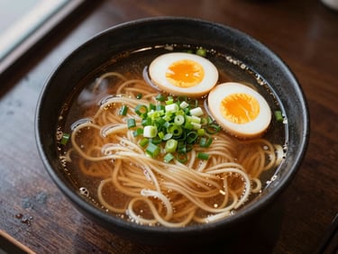 Close overhead crop of a bowl of ramen with rich broth, soft-boiled egg halved, green onions, and noodles visible on a dark wood restaurant table, natural light from a nearby window