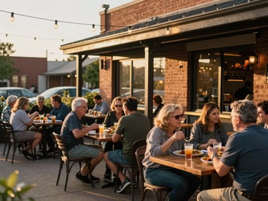 Outdoor patio of a casual Edwardsville restaurant at golden hour, string lights overhead, wooden tables with food and drinks, residents talking and eating in warm evening light