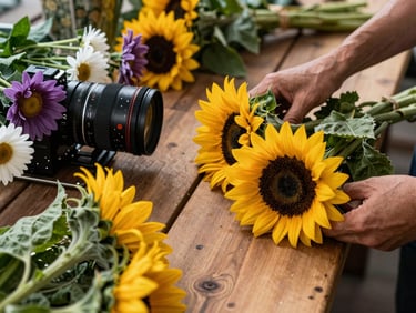 Overhead close-up of fresh produce and flowers arranged on a wooden farmers market table in morning light, hands of a vendor visible at the edge arranging sunflowers