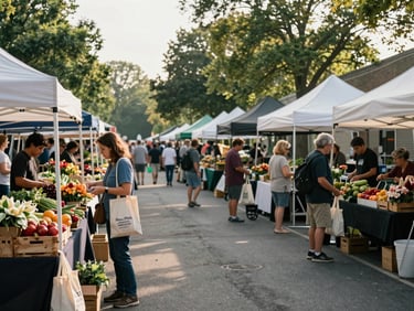 Wide environmental shot of an outdoor Edwardsville farmers market in morning light, vendor stalls with fresh produce and flowers, residents browsing with reusable bags, trees in the background