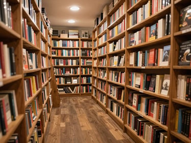 Interior of a small independent bookshop in Edwardsville, warm overhead lighting, floor-to-ceiling wooden shelves packed with books, a reading nook visible in the far corner