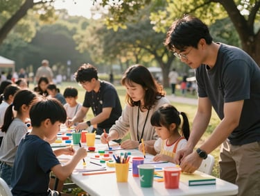 Kids and parents at an outdoor family activity in a community park — a craft table in the foreground with colorful supplies, warm afternoon light filtering through trees, natural candid energy