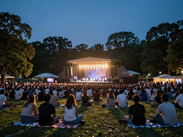 Wide environmental shot of an outdoor concert on a summer evening in a park — stage lights warming the crowd, trees silhouetted against a deep blue sky, residents seated on blankets in the foreground