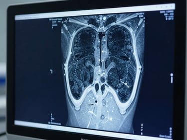 Close-up of a radiological scan analysis on a high-resolution screen, clinical precision lighting.