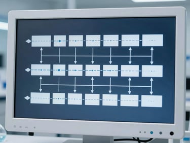 Schematic diagram of a genomic sequence pipeline on a sterile white monitor, cool-toned lighting.