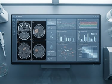 Clean overhead shot of a clinical AI dashboard on a laboratory monitor, cool slate tones, sharp focus.