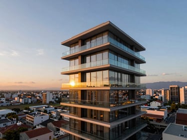 Wide-angle architectural photo of a luxury penthouse balcony in Equipetrol at sunset, glass railings, warm ambient lighting, city view
