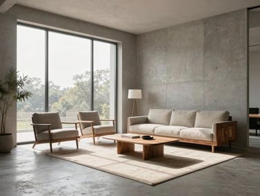 Minimalist high-end studio apartment, concrete accents, local wood furniture, large window, morning light.
